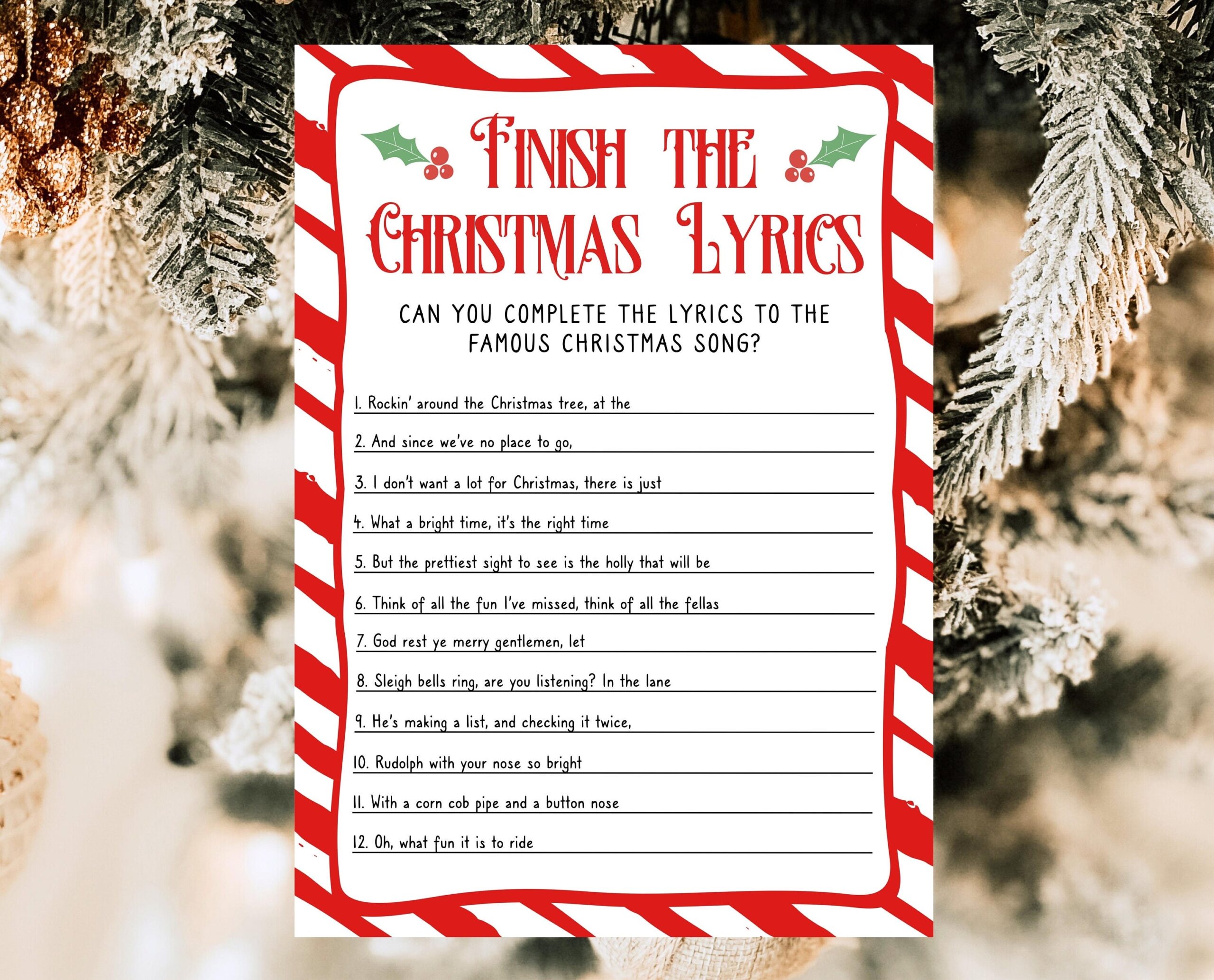 Finish The Christmas Lyrics Game Template Printable Christmas Party Games Festive Season Celebration Games Printable Trivia Template Etsy