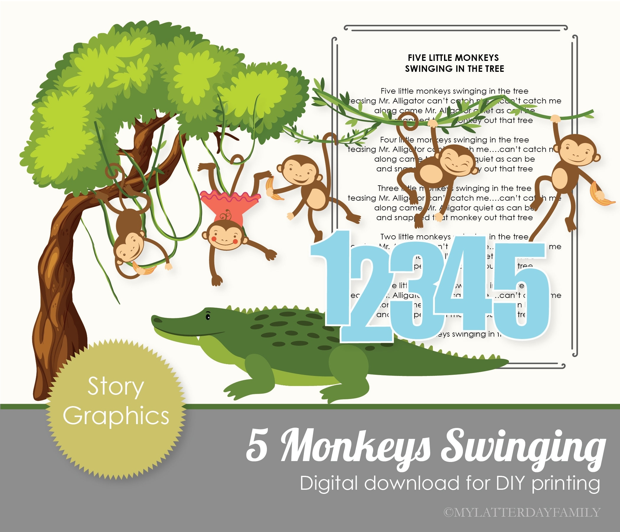 Five Little Monkeys Swinging From A Tree Story Rhyme Graphics Story Time Printable DIGITAL Instant Download Clipart Set DIY PRINTABLE Etsy