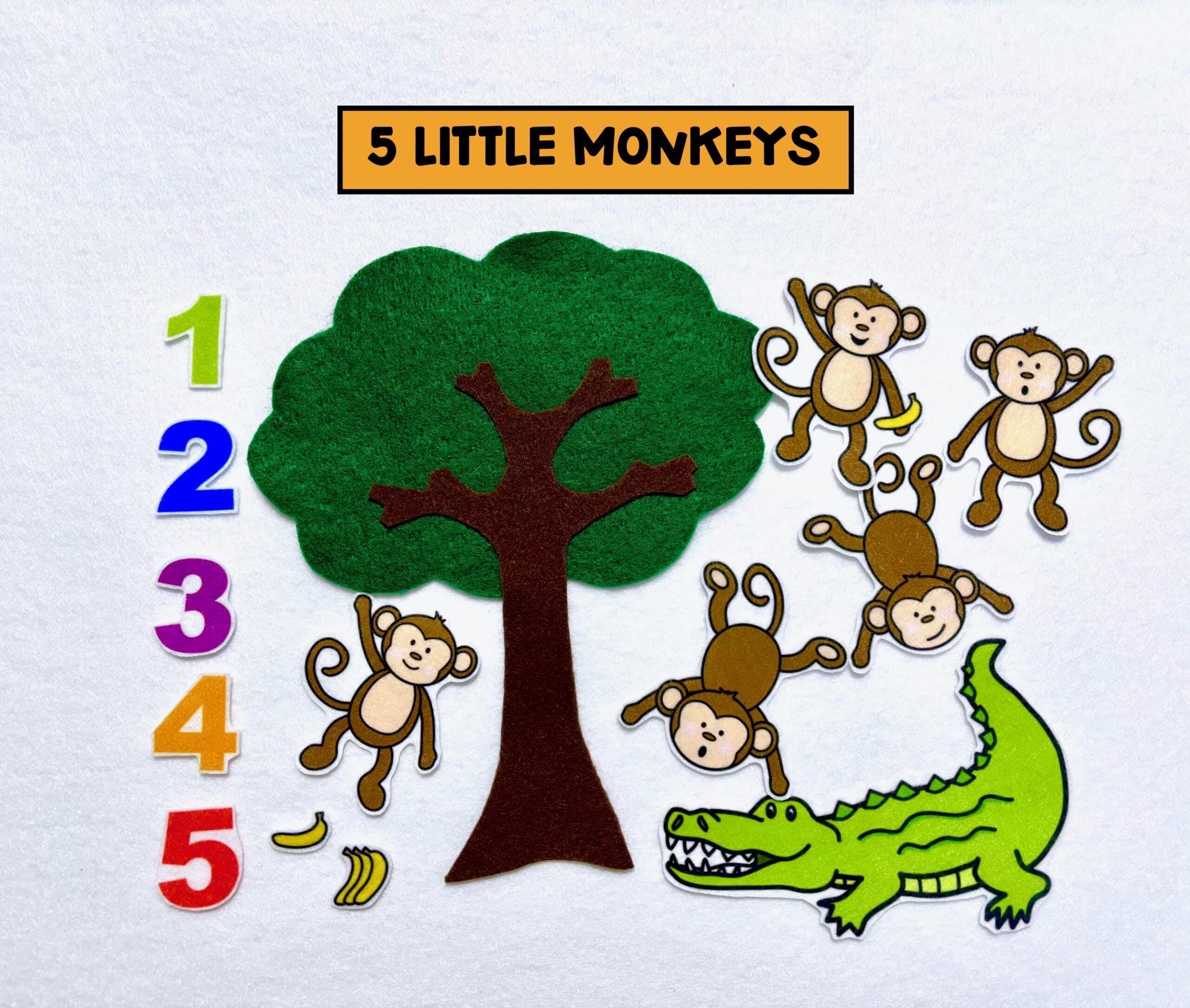 Five Little Monkeys Swinging In Tree Felt Stories Flannel Stories Set Speech Therapy Nursery Rhyme Toddler Busy Board 5 Monkeys Etsy de
