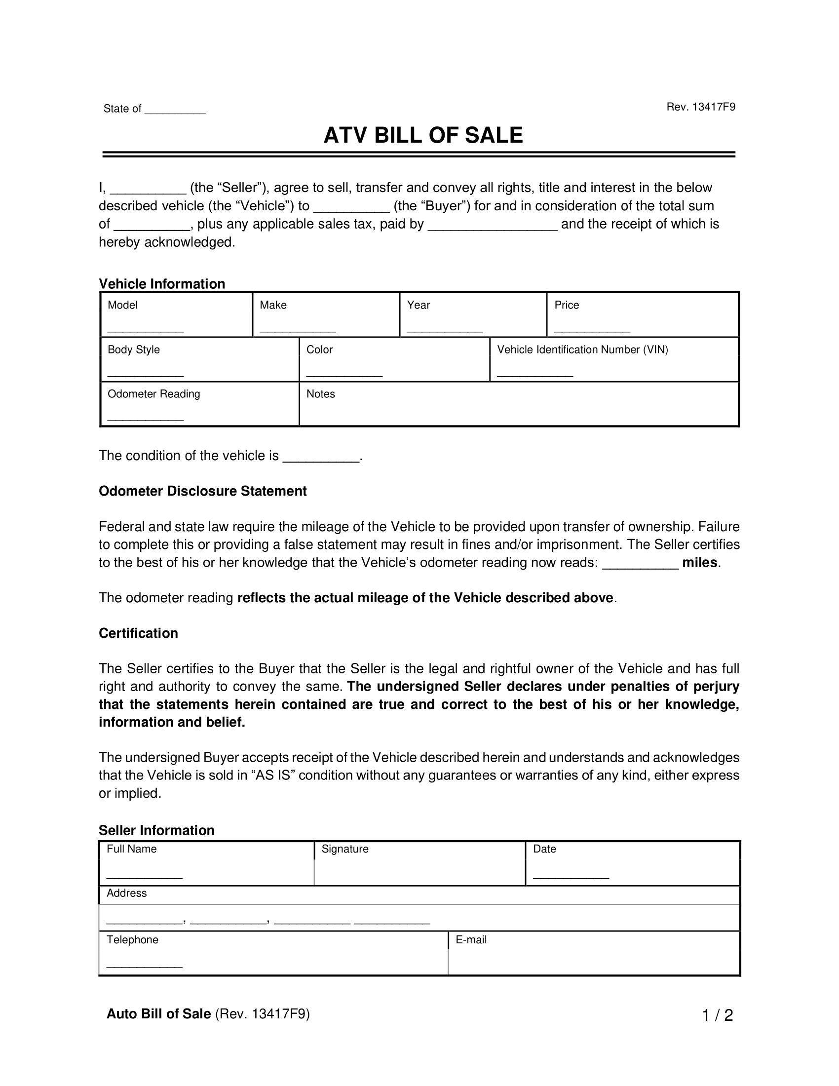 Free All Terrain Vehicle ATV Bill Of Sale Form PDF Word