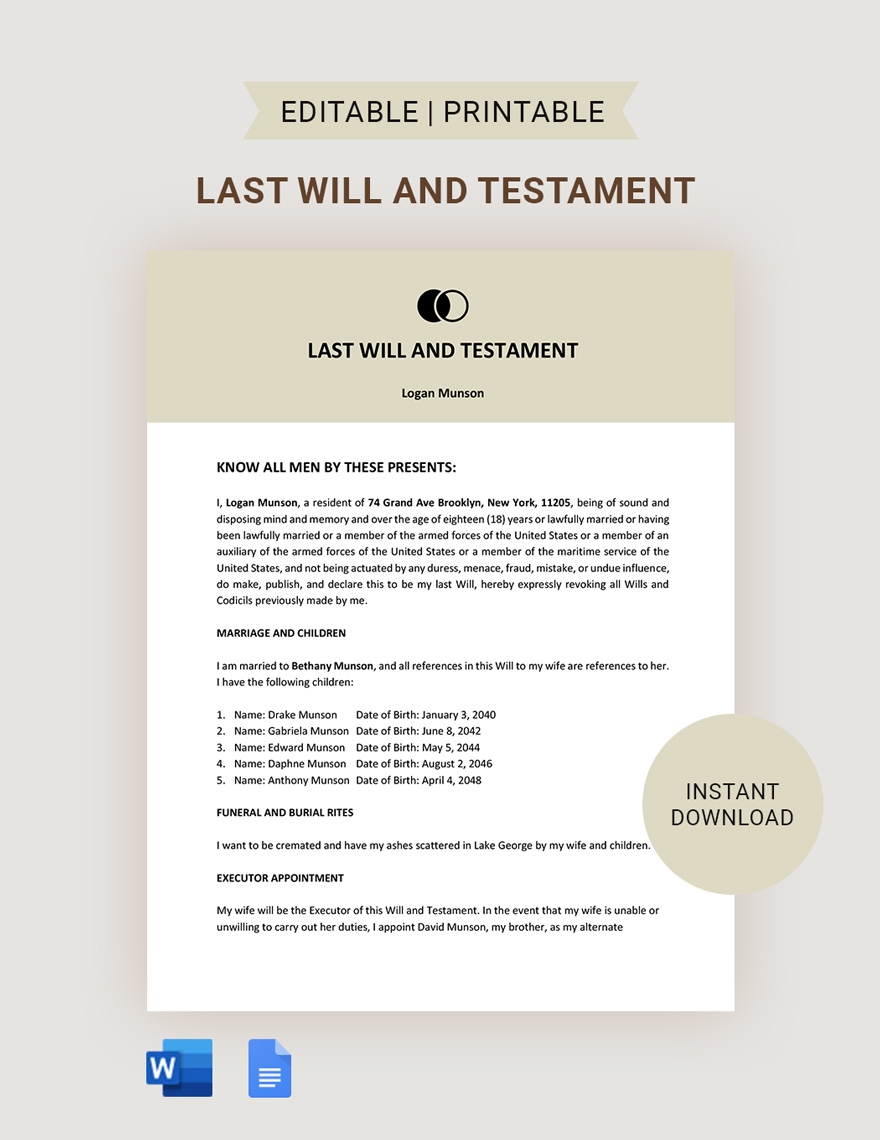 Free Printable Widower Last Will And Testament