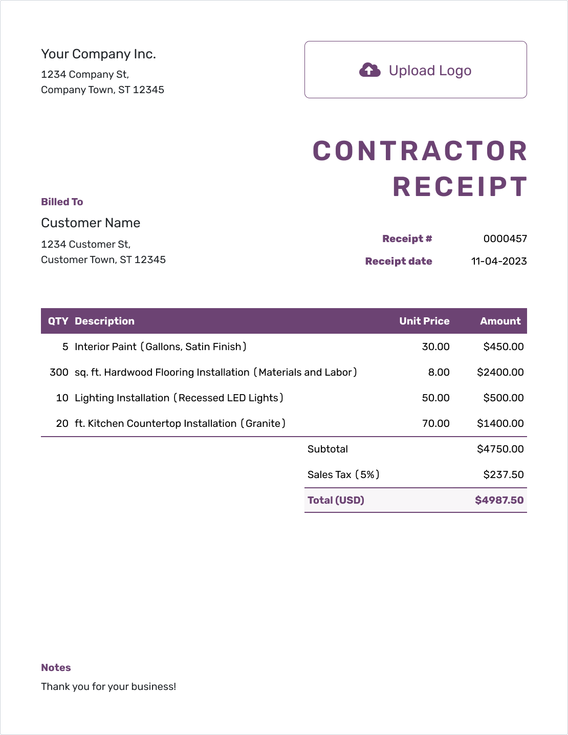 Printable Receipts For Work Done