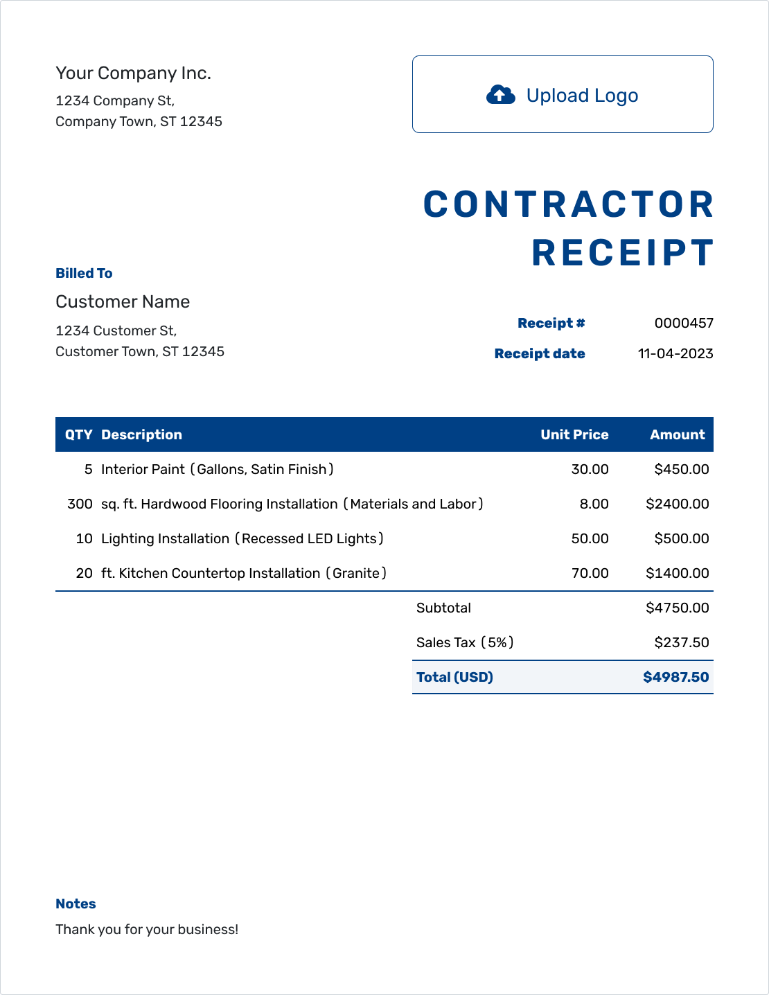 Free Contractor Receipt Template Docelf