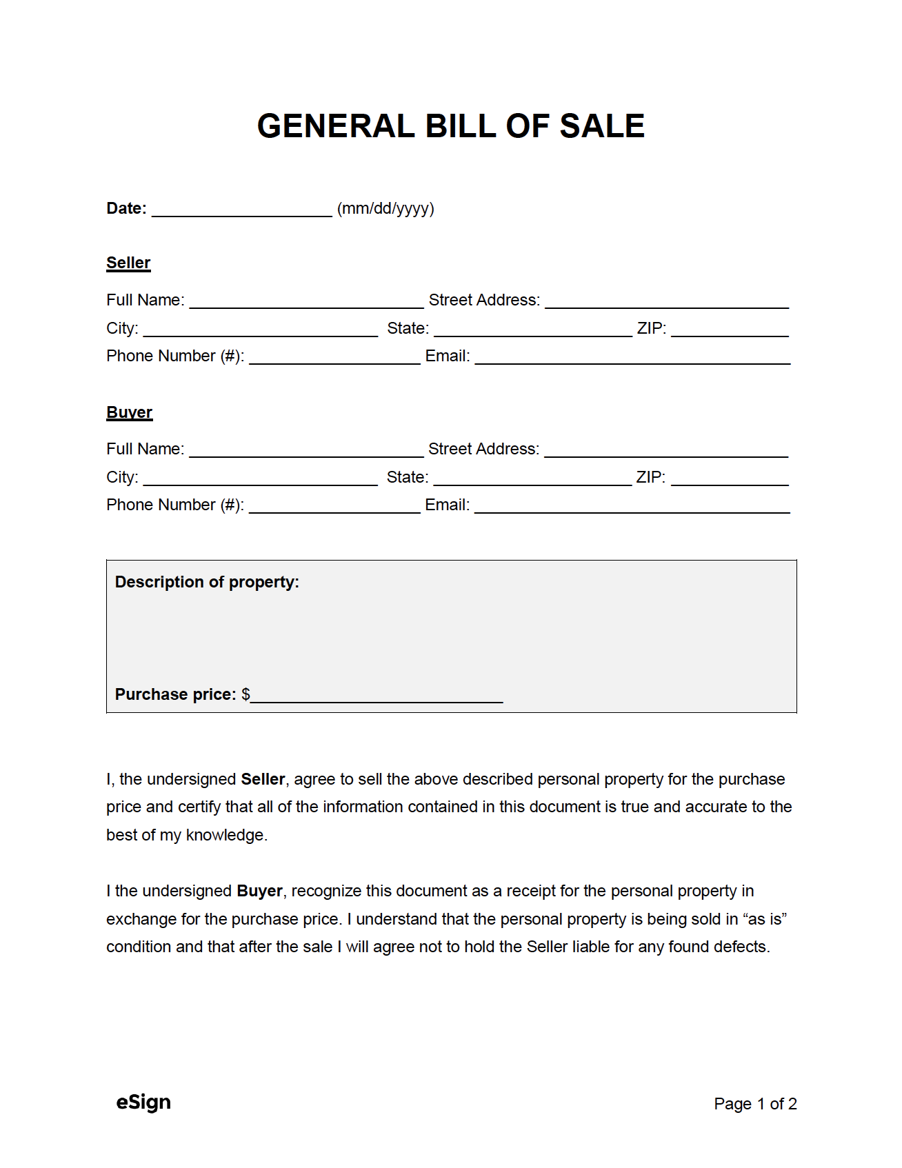 Printable Bill Of Sale Missouri