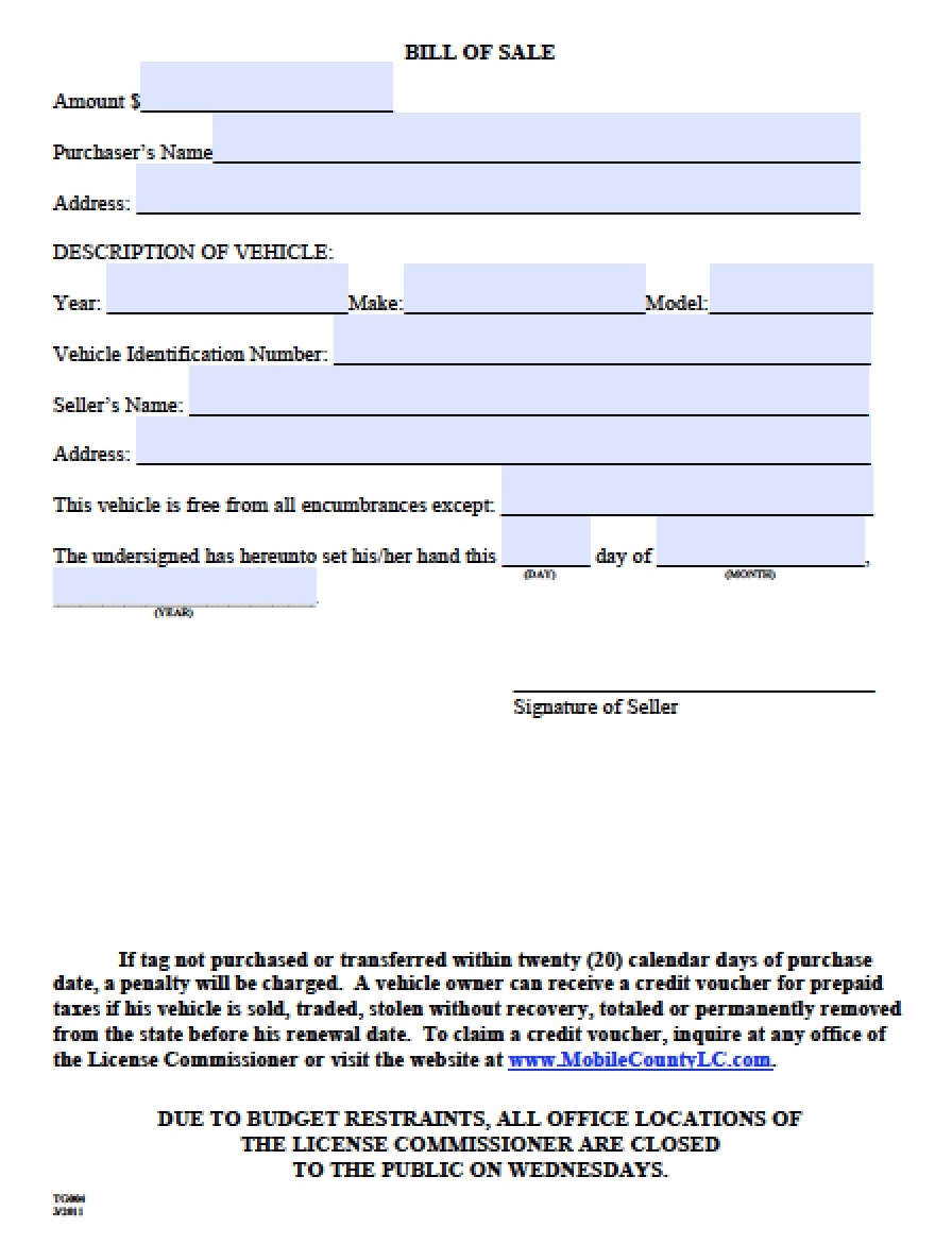 Alabama Bill Of Sale Printable