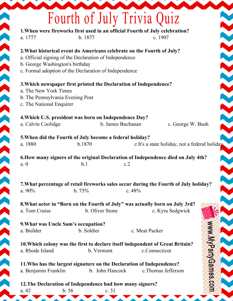 Free Printable 4th Of July USA Independence Day Trivia Quiz