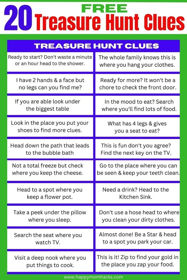 Free Printable Indoor Treasure Hunt Clues For Kids Worksheets Library