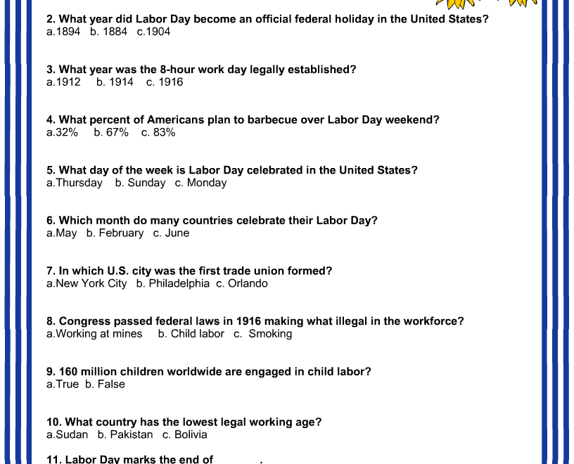 Free Printable Labor Day Trivia Quiz With Answer Key Worksheets Library