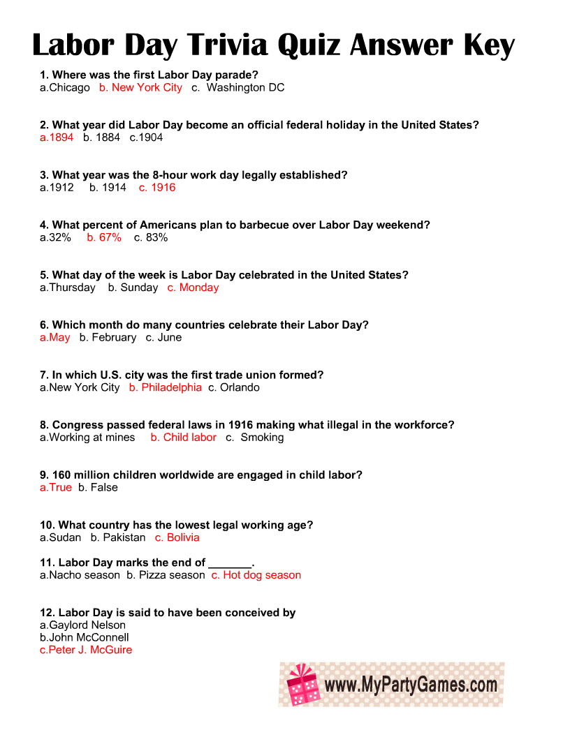 Free Printable Labor Day Trivia Quiz With Answer Key