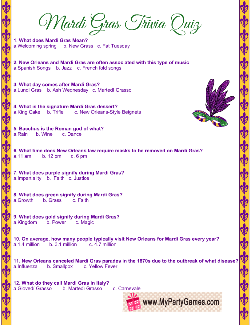 Free Printable Mardi Gras Trivia Quiz With Answer Key