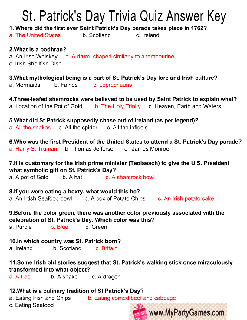Free Printable St Patrick s Day Trivia Quiz
