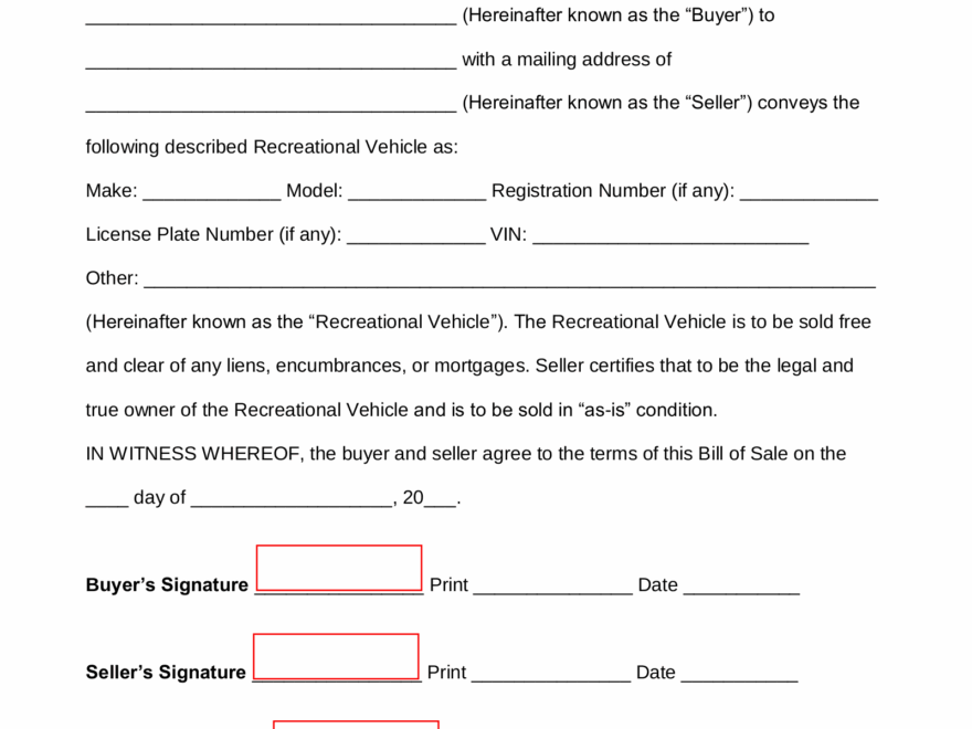 Free Recreational Vehicle RV Bill Of Sale Form PDF Word EForms