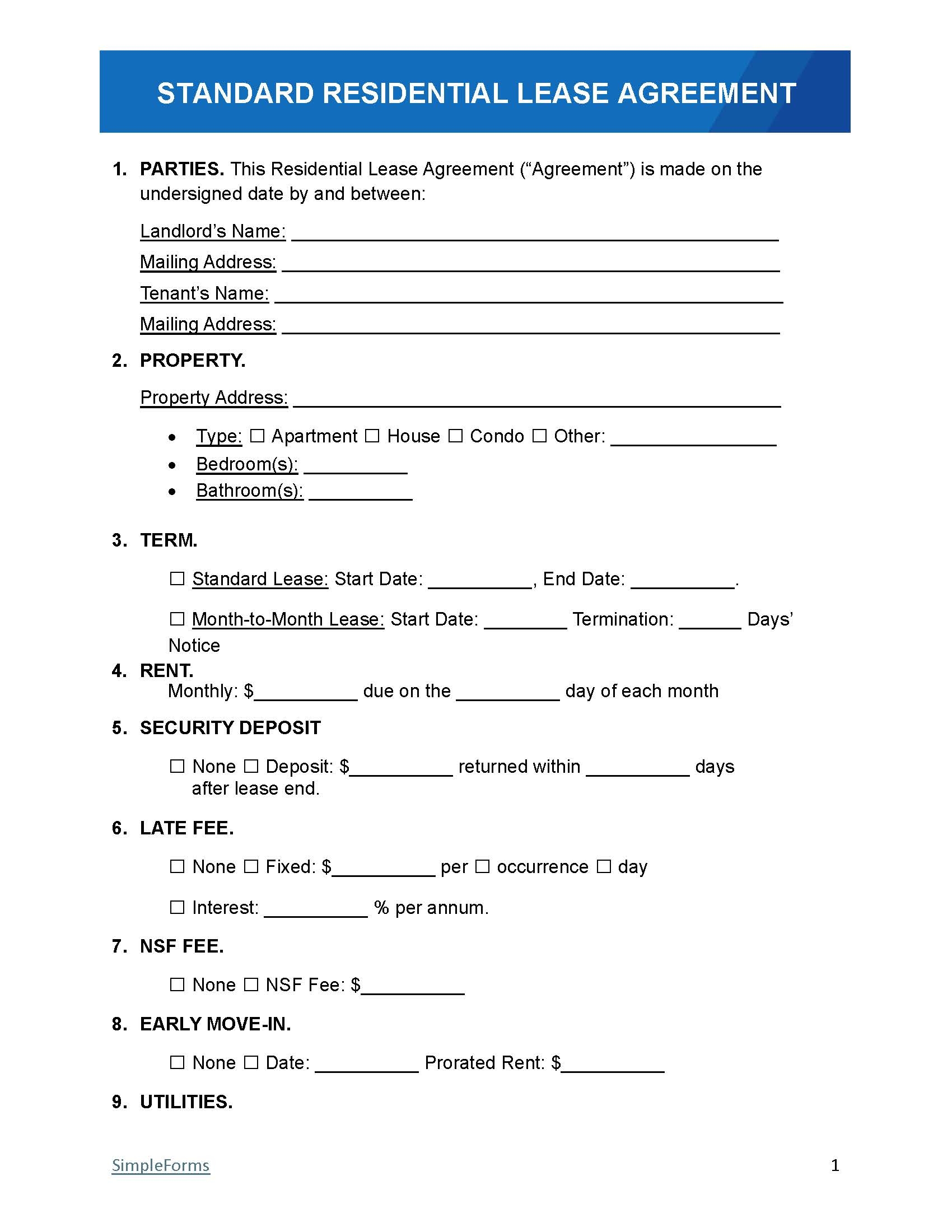 Property Lease Agreement Blank Printable