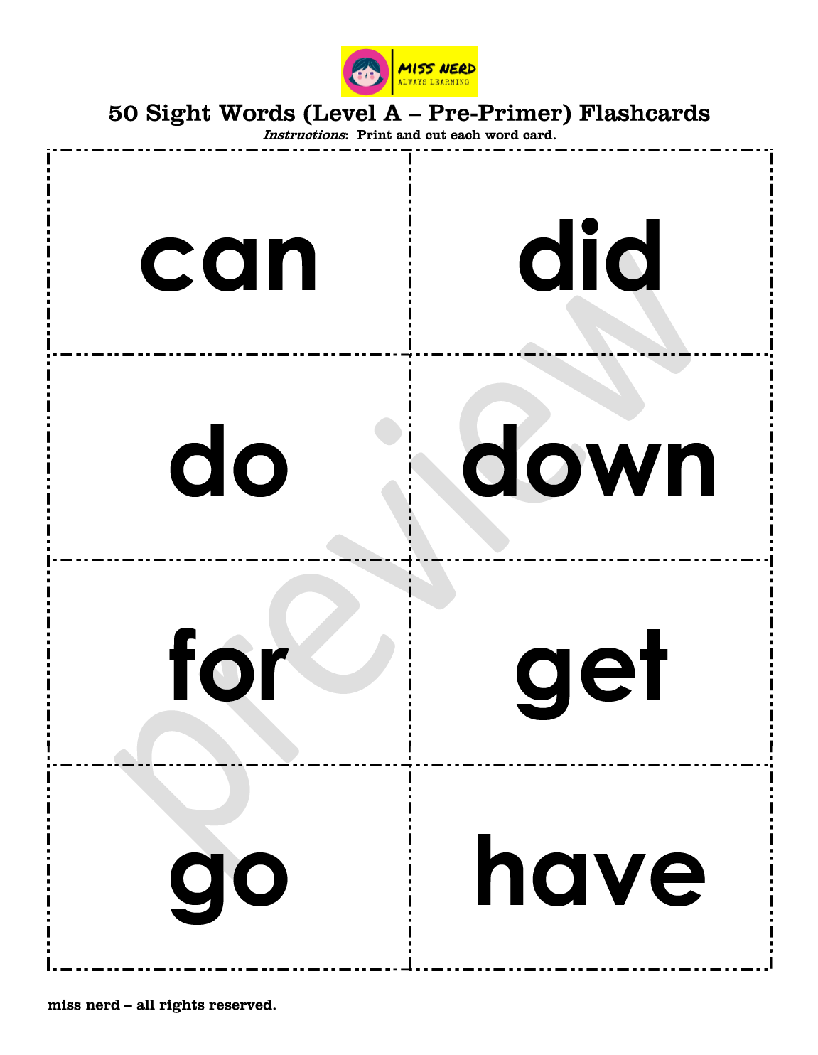 FREE Sight Word Flashcards Level A Pre Primer Miss Nerd
