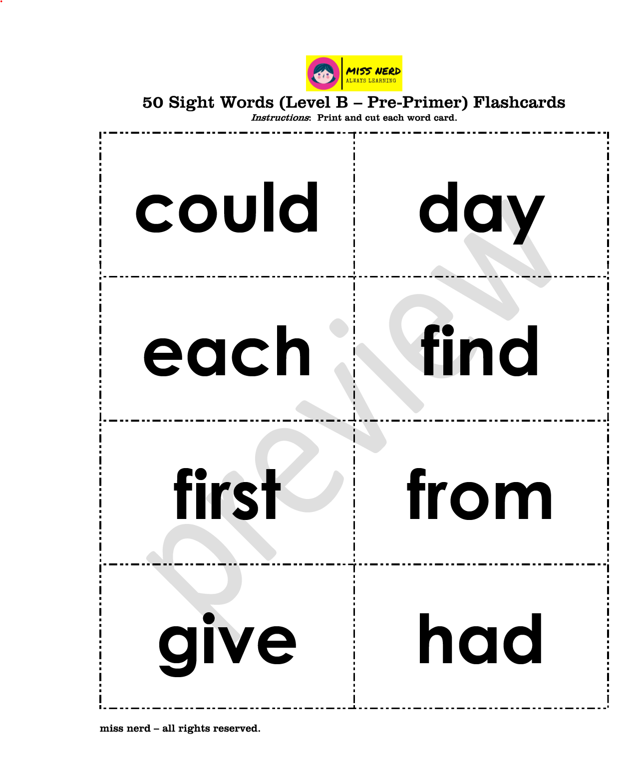 FREE Sight Word Flashcards Level B Pre Primer Miss Nerd