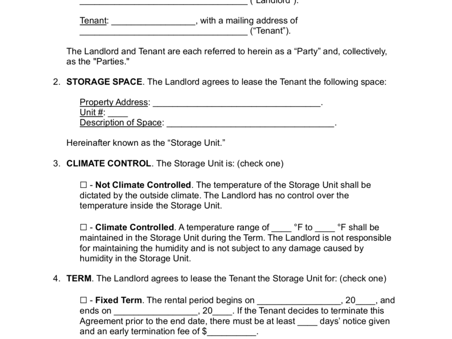 Free Storage Space Unit Lease Agreement Template PDF Word EForms