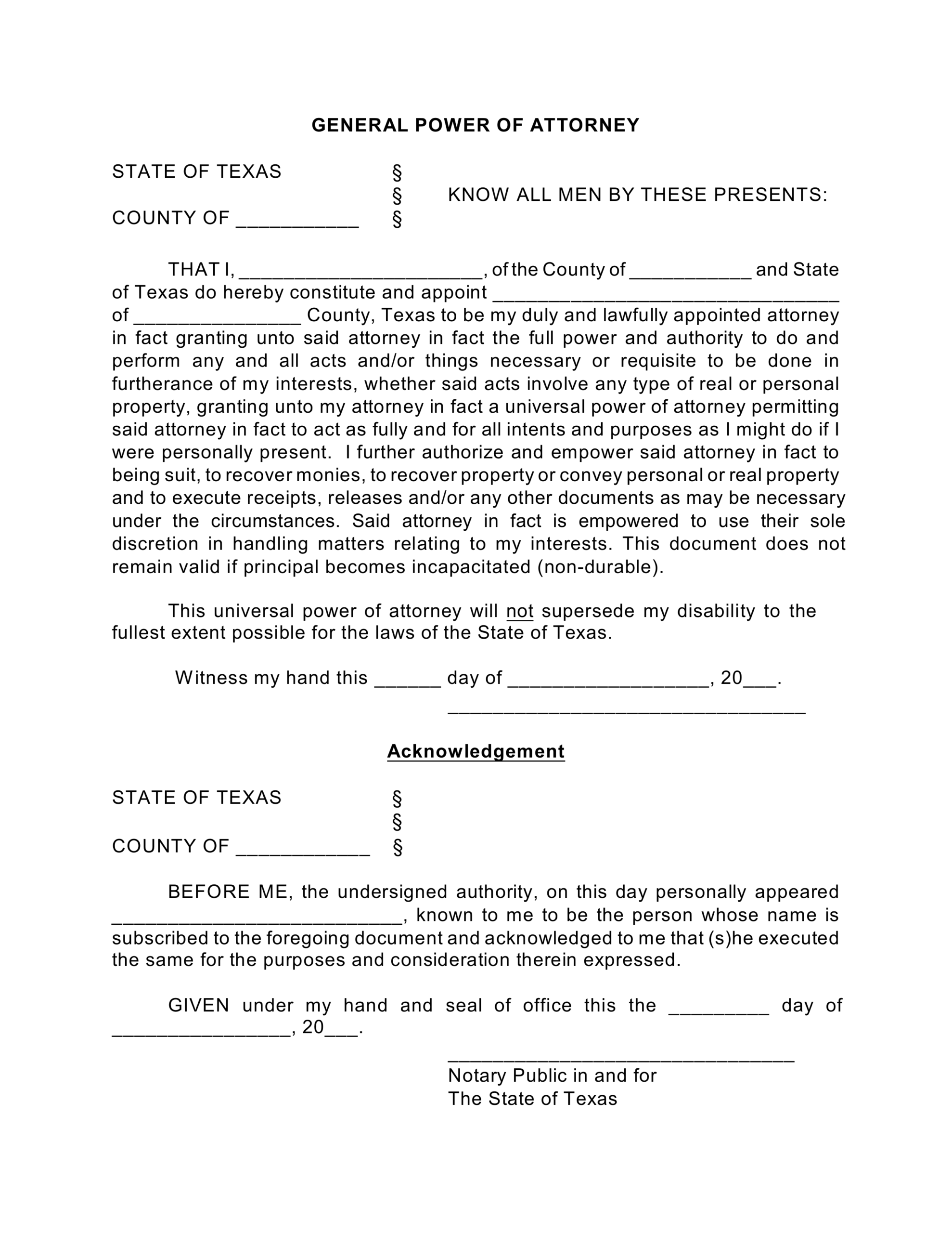 Free Texas General Financial Power Of Attorney PDF EForms