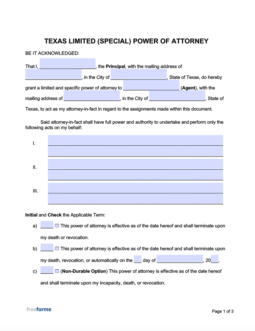 Power Of Attorney Texas Form Printable