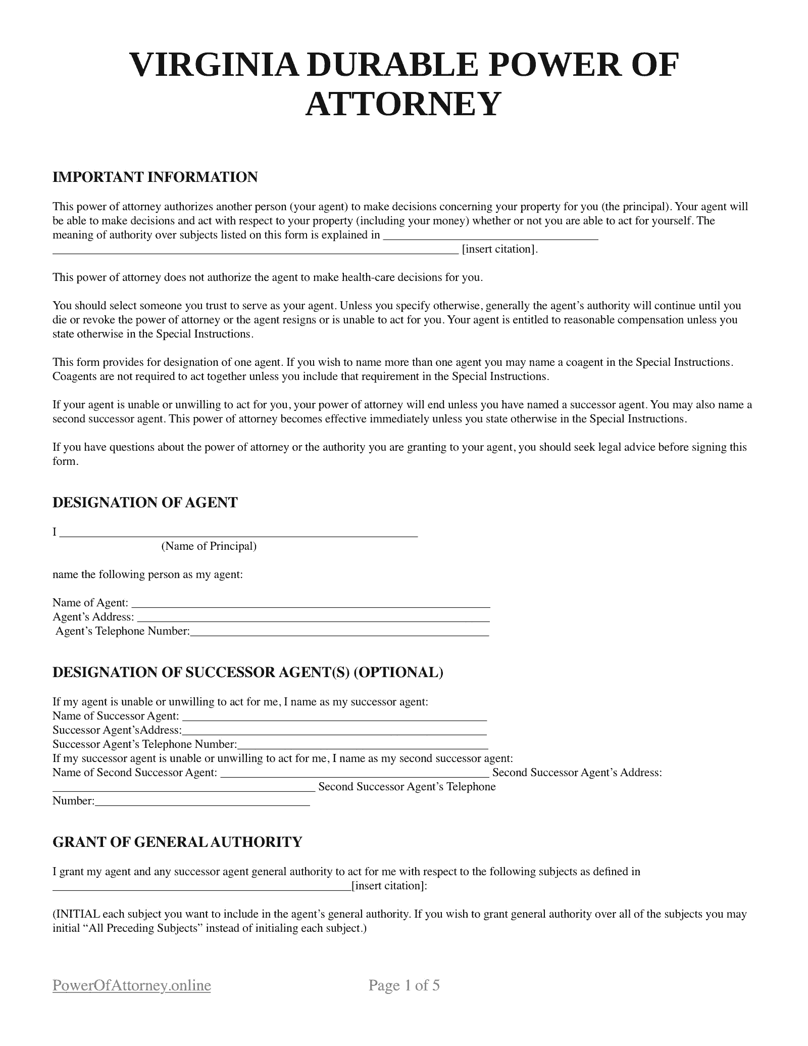 Free Virginia VA Power Of Attorney Forms Templates PDF