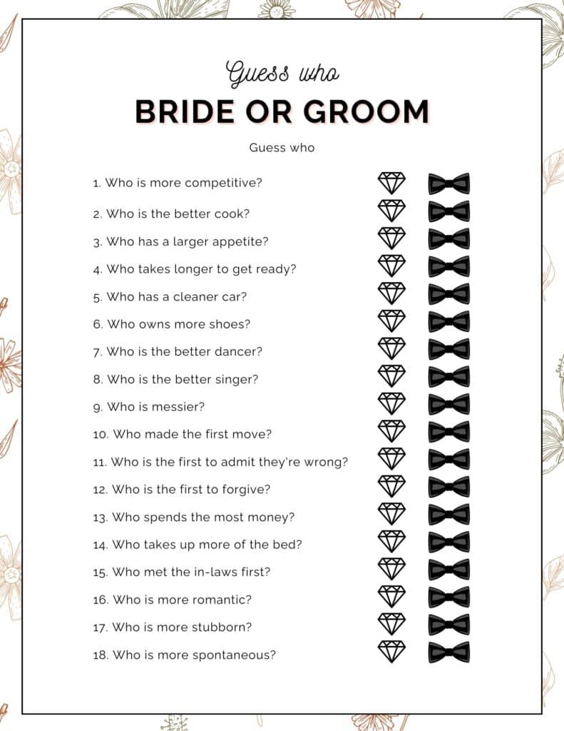 Fun Free Printable Bride Or Groom Bridal Shower Game