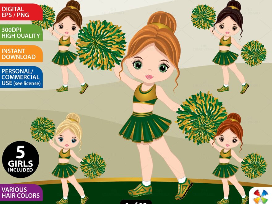 Green Gold Cheerleader Clipart Vector Pom Sport Cheerleader PNG Caucasian Girl Sport Girl Character Sublimation Cheerleader Clip Art Etsy