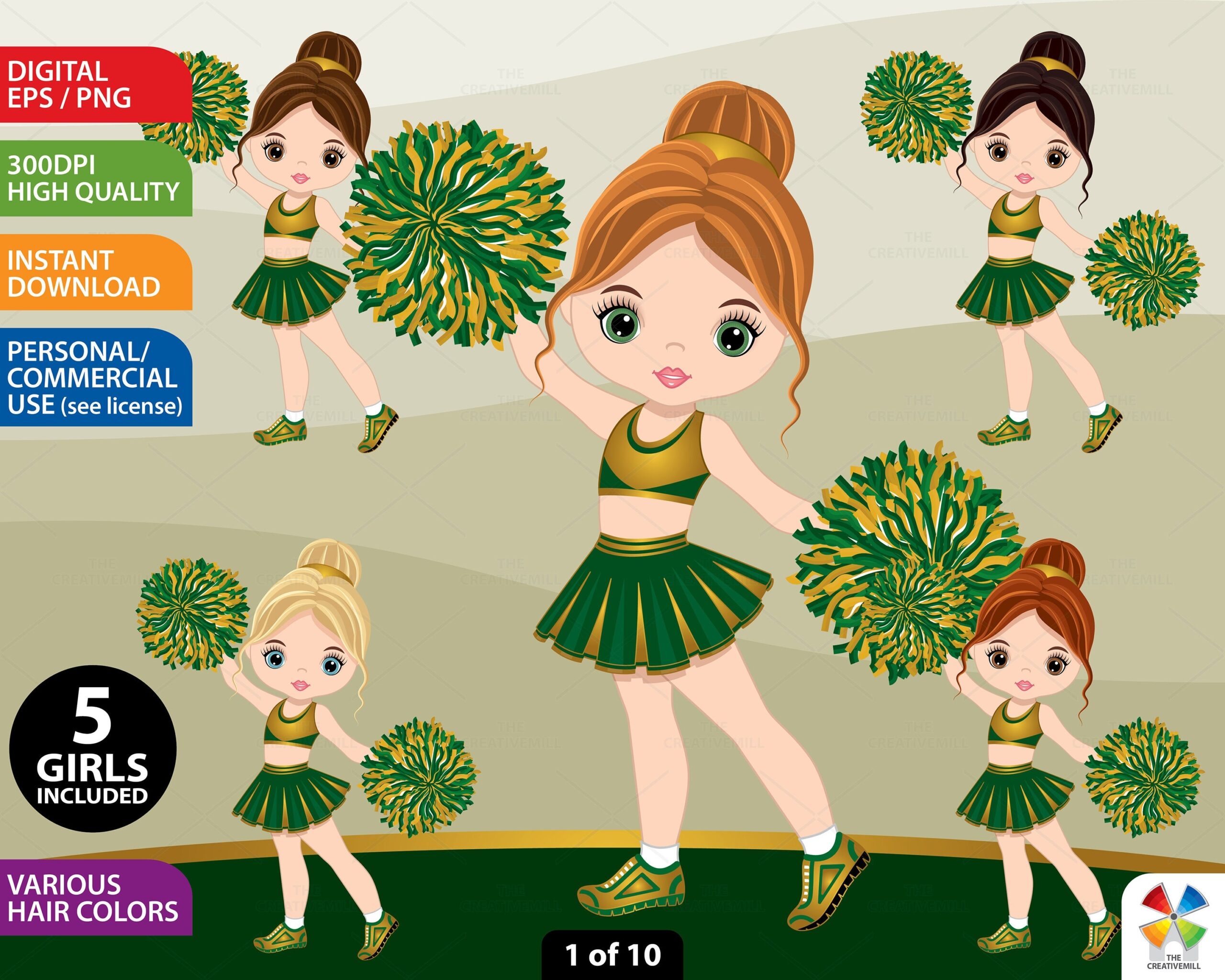 Green Gold Cheerleader Clipart Vector Pom Sport Cheerleader PNG Caucasian Girl Sport Girl Character Sublimation Cheerleader Clip Art Etsy