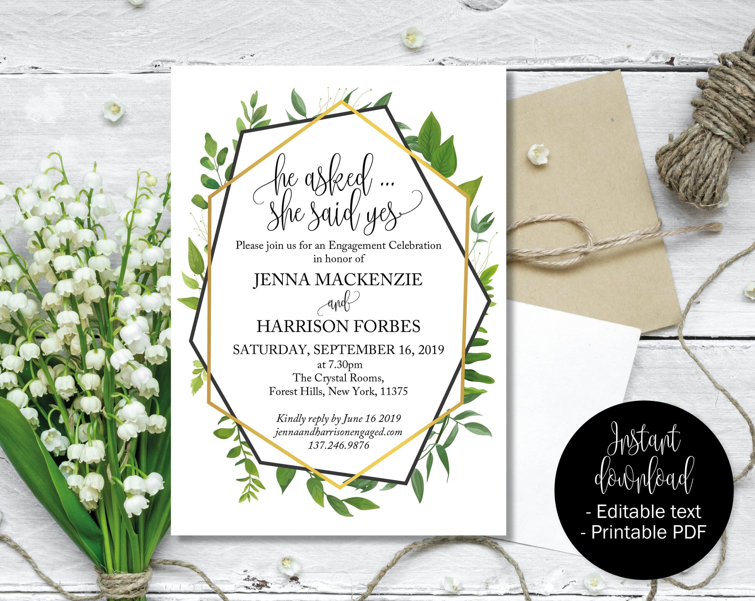 He Asked She Said Yes Green Engagement Invites Engagement Invitations Engagement Party Engagement Printable Template Announcement Etsy UK