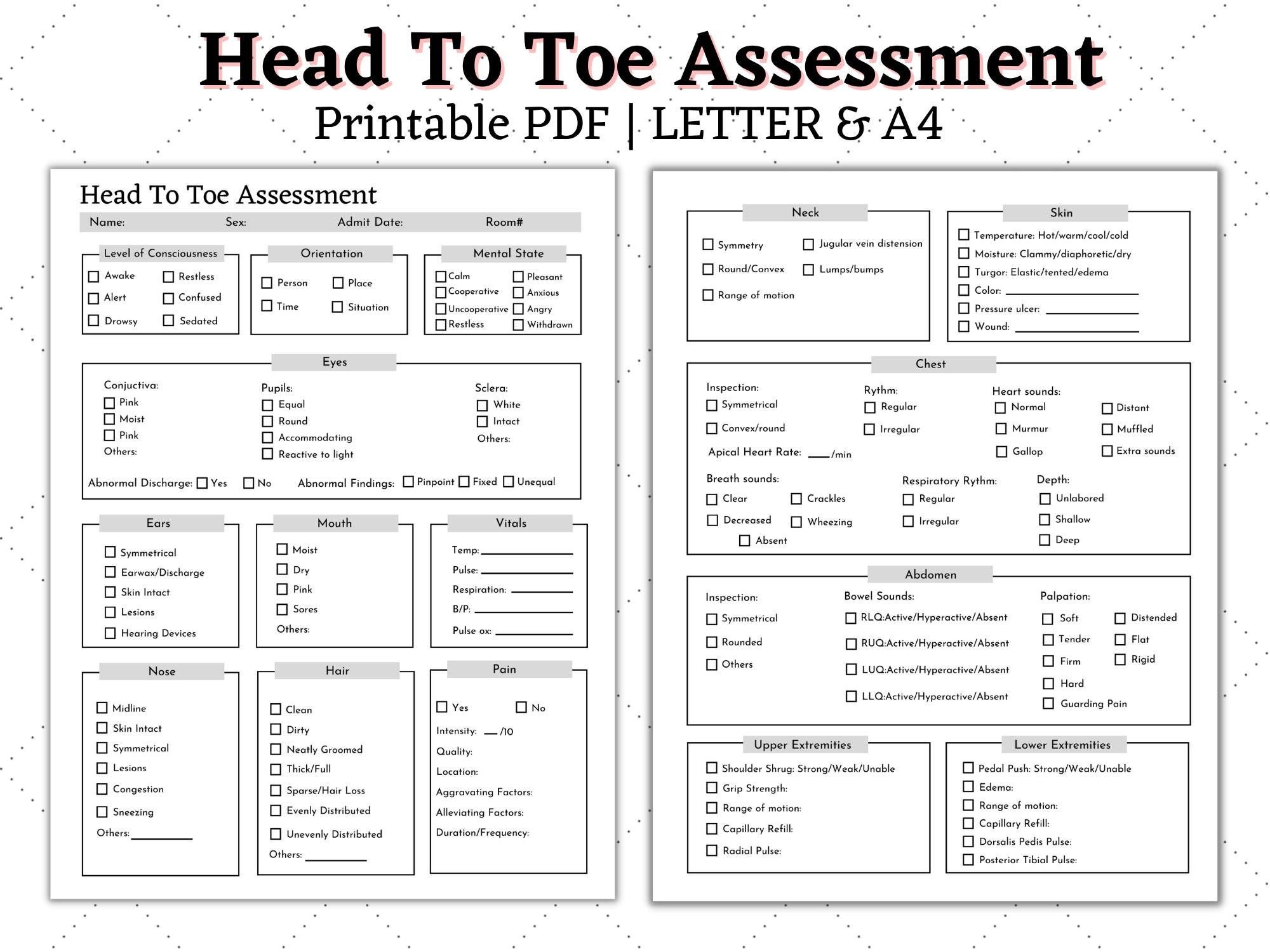 Head To Toe Assessment Template Nursing Checklist Nursing Student Notes Patient Assessment Template Health Assessment Class