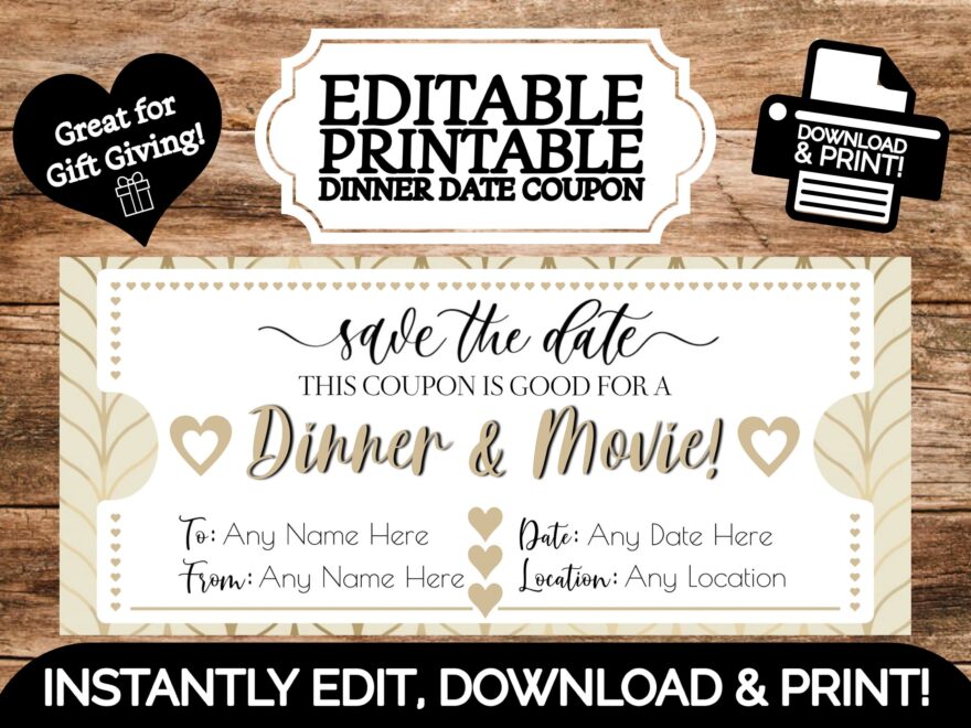 INSTANT EDITABLE Personalized Dinner And Movie Date Gift Certificate Coupon Voucher Edit Print Template Valentines Day Anniversary DIY Etsy