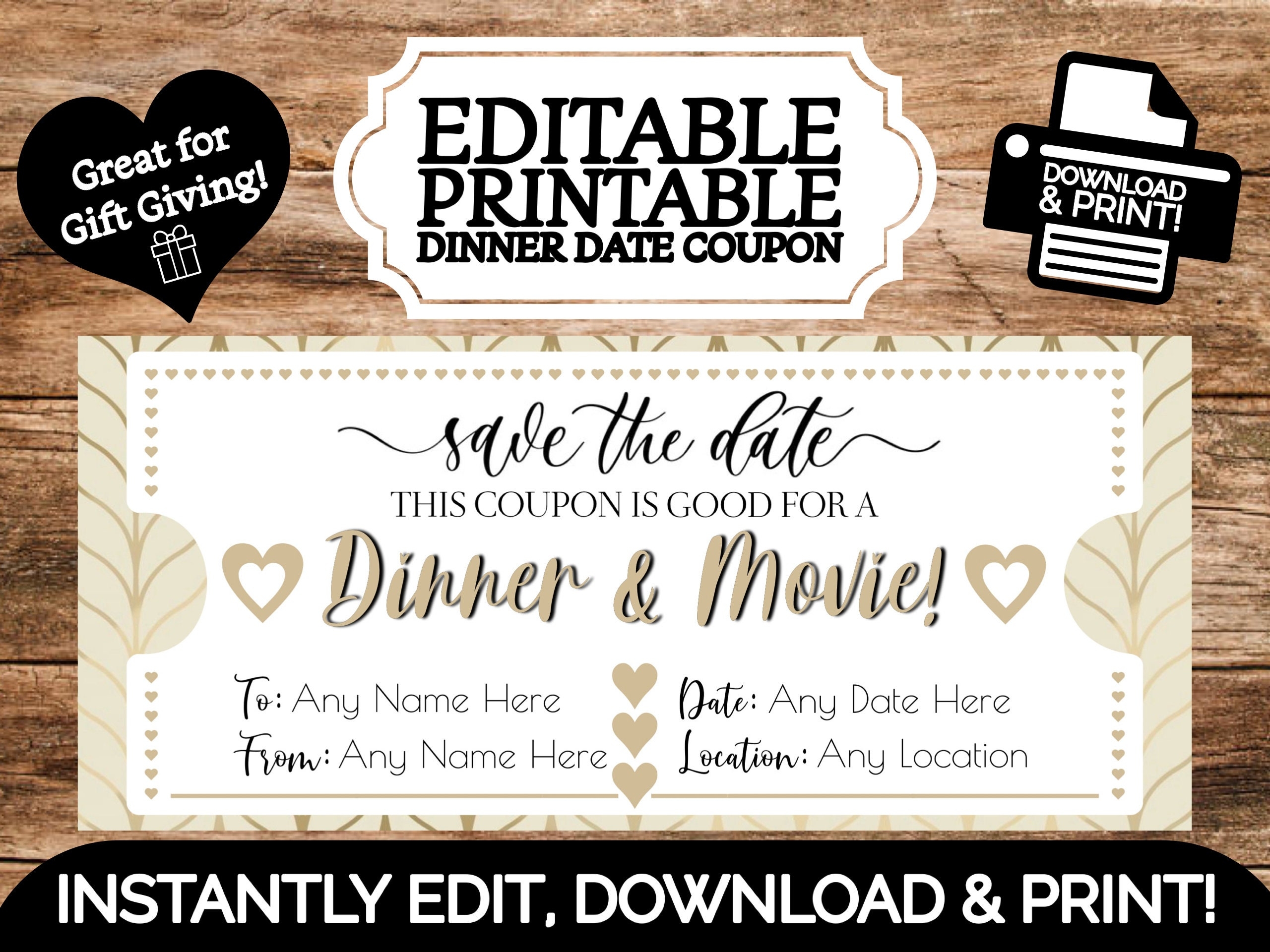 INSTANT EDITABLE Personalized Dinner And Movie Date Gift Certificate Coupon Voucher Edit Print Template Valentines Day Anniversary DIY Etsy