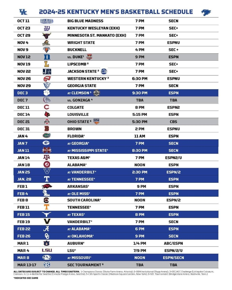 Kentucky Basketball Schedule 2025 26 Printable Free Editable 