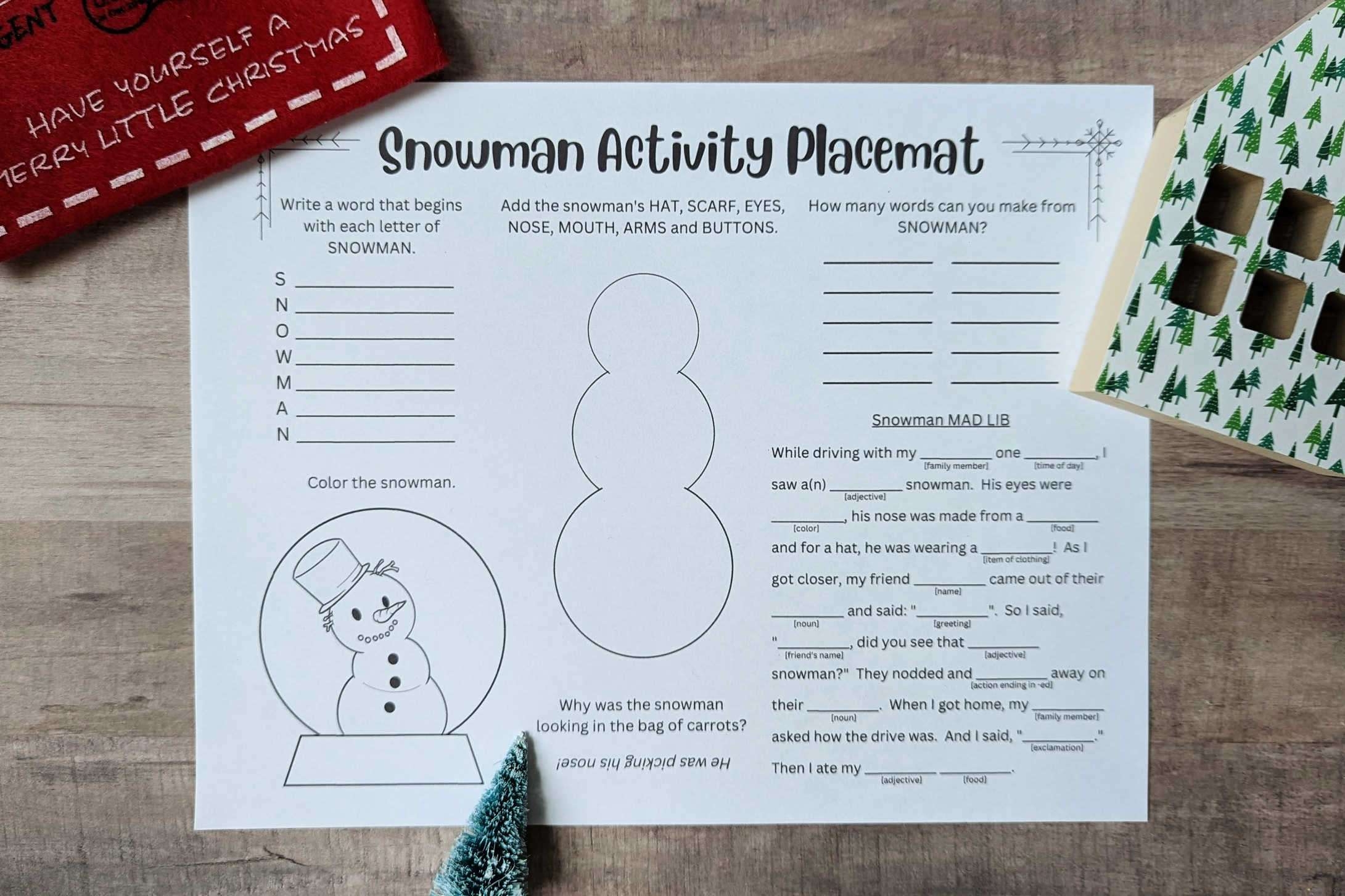 Kids Snowman Activity Placemat Sunshine And Munchkins