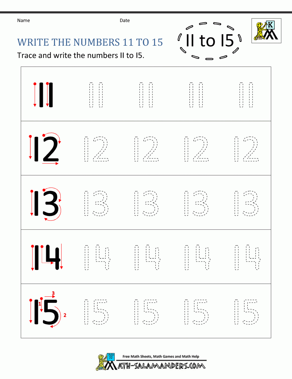 Kindergarten Writing Worksheets Numbers To 11 To 20