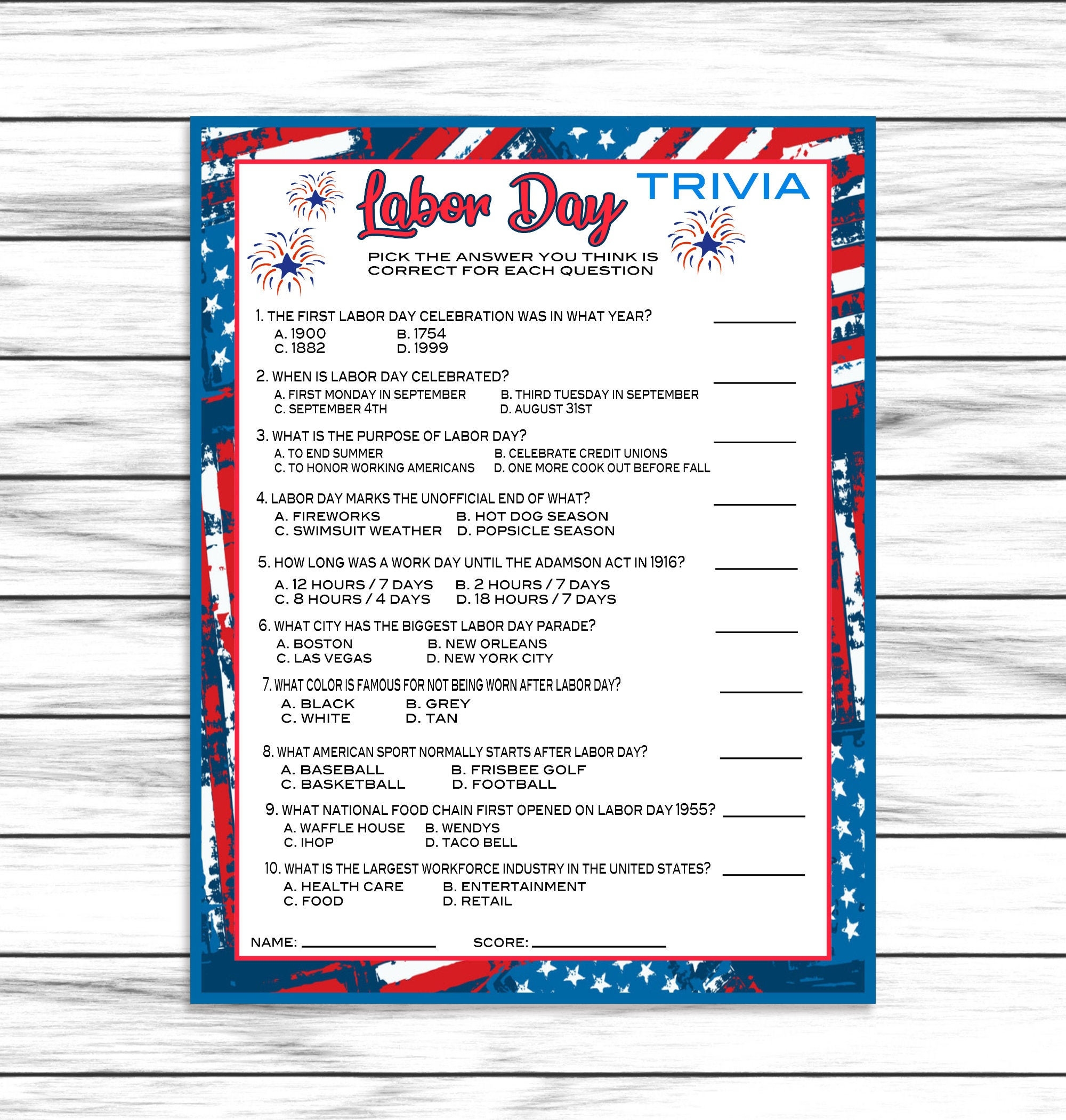 Labor Day Trivia Game Party Game Labor Day Party Game Labor Day Virtual Or Printable Game Adult Kids Game Instant Download Etsy
