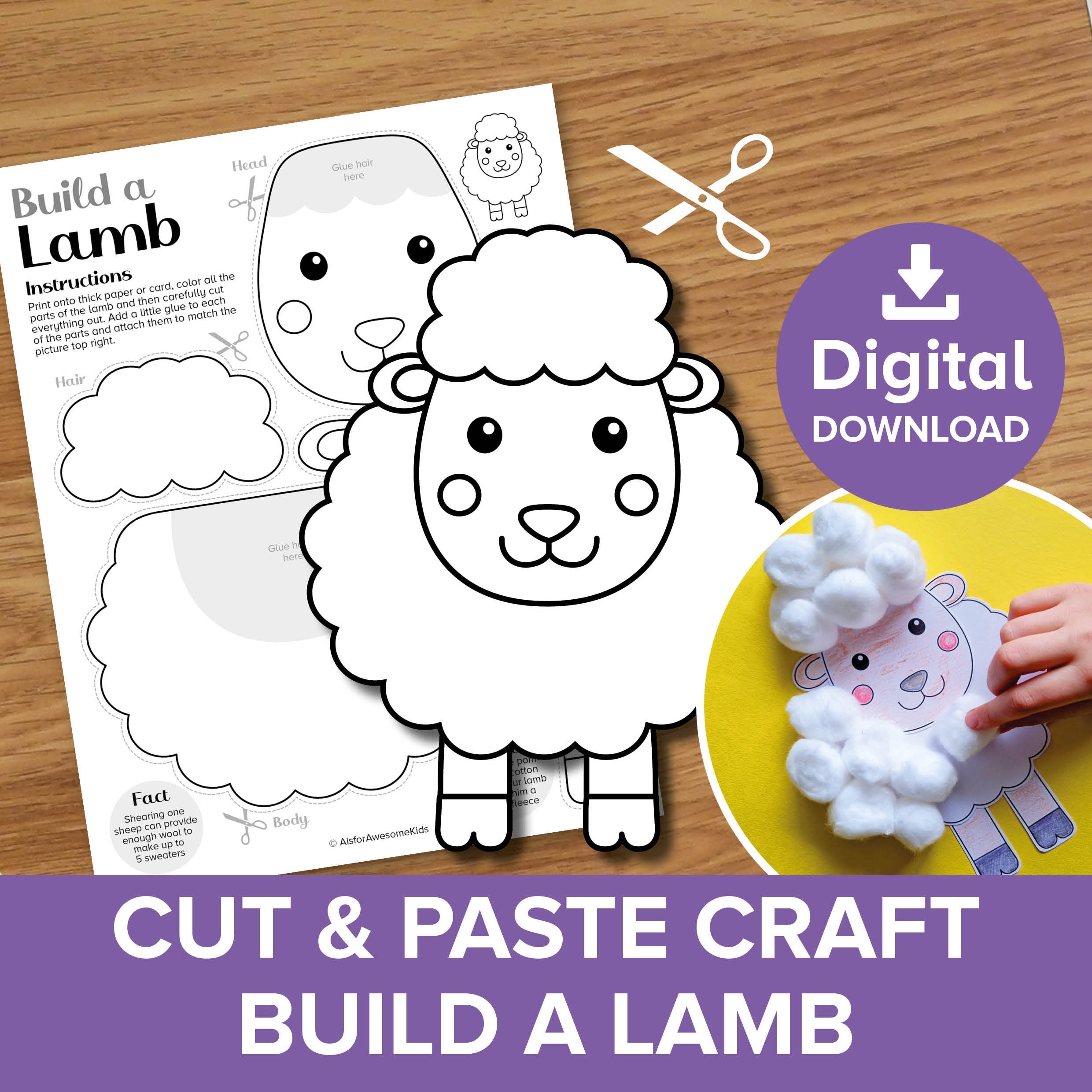 Lamb Cut Paste Craft Printable Build A Sheep Coloring Spring Baby Farm Animals Educational Easter Model Making Cotton Wool Activity Art Etsy UK