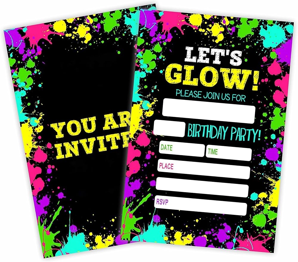Let s Glow Birthday Party Invitations 20 Pack With Envelopes Stylish Invitations For Boys Girls Kids Birthday Party Supplies A34 Amazon de Toys
