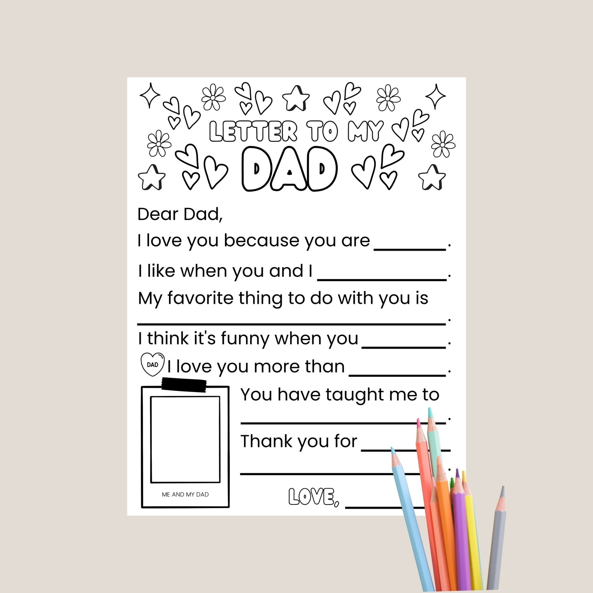 Letter To My Dad Coloring Fill In The Blank Sheet For Kids Instant Download Etsy