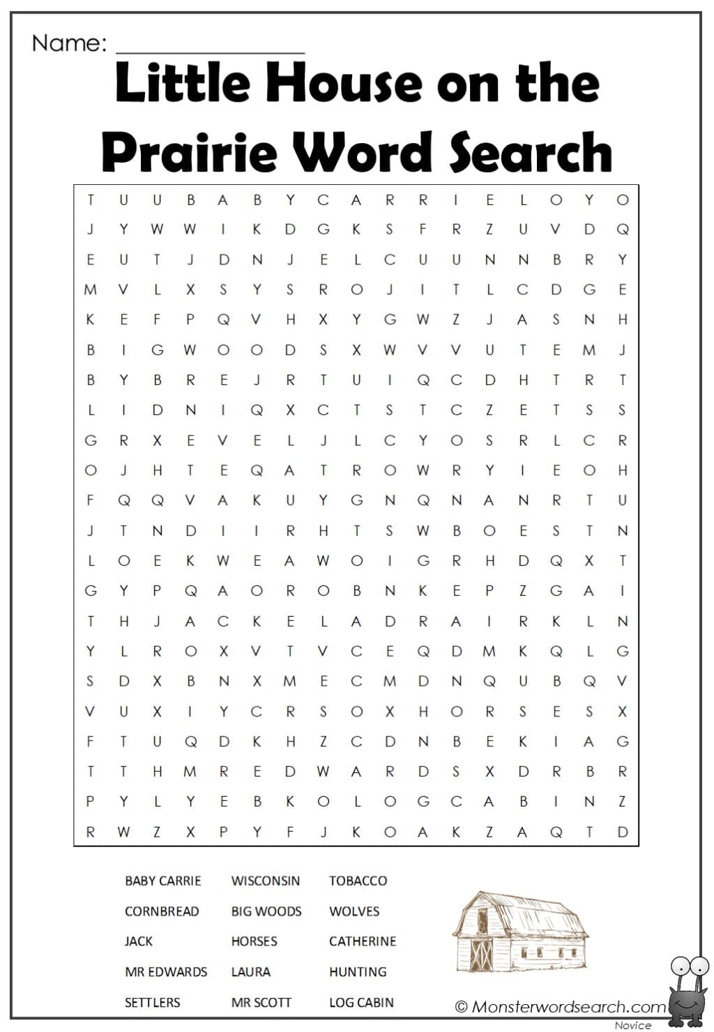 Little House On The Prairie Word Search Monster Word Search