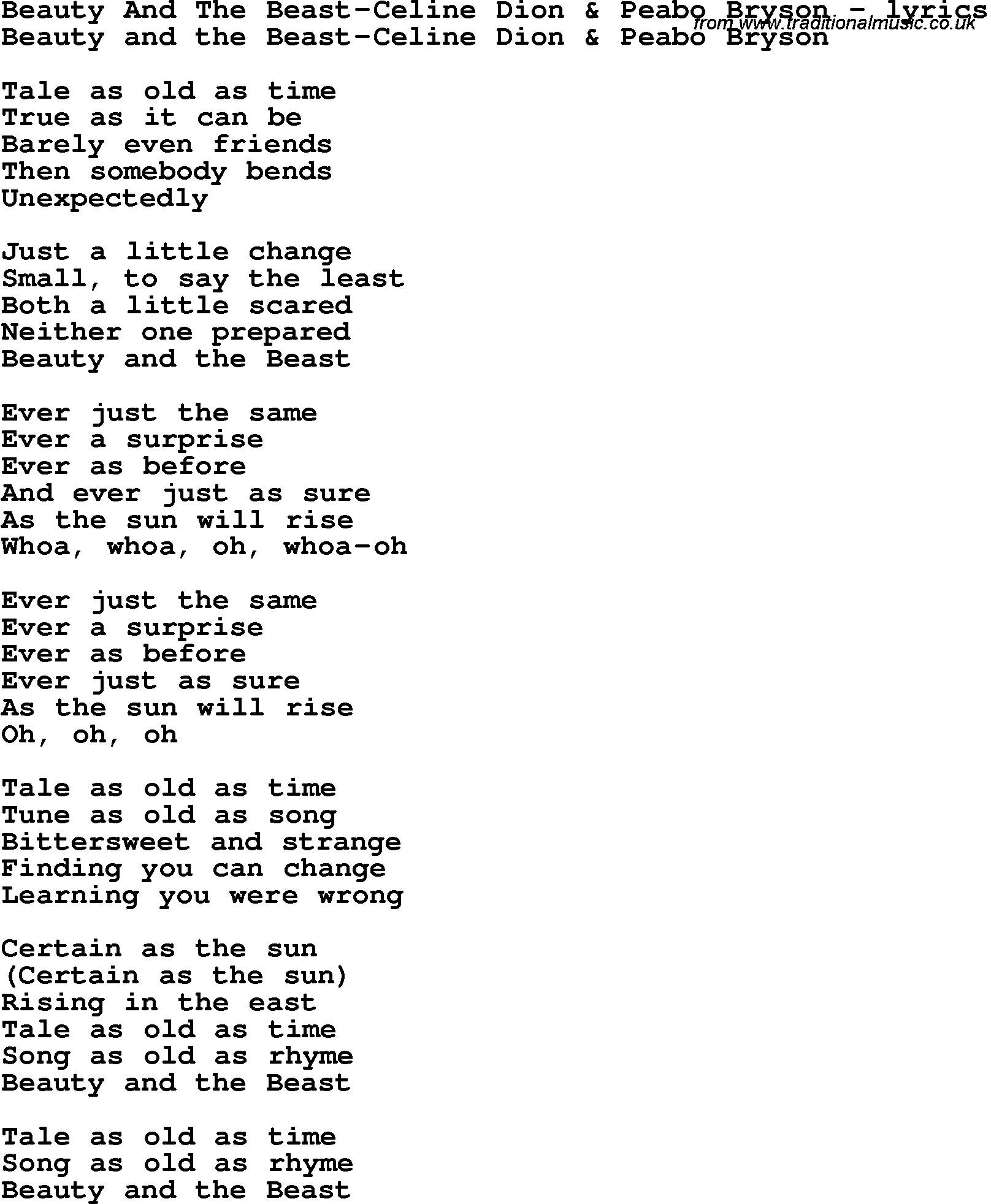Love Song Lyrics For Beauty And The Beast Celine Dion Peabo Bryson