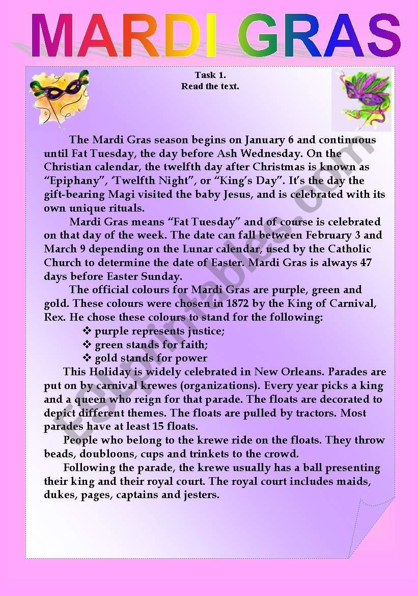 Mardi Gras ESL Worksheet By Solntse