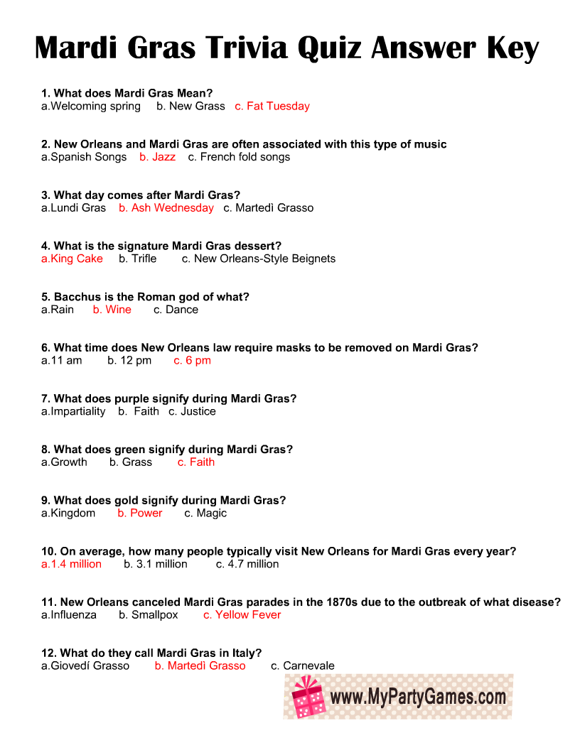 Mardi Gras Trivia 10 Free PDF Printables Printablee