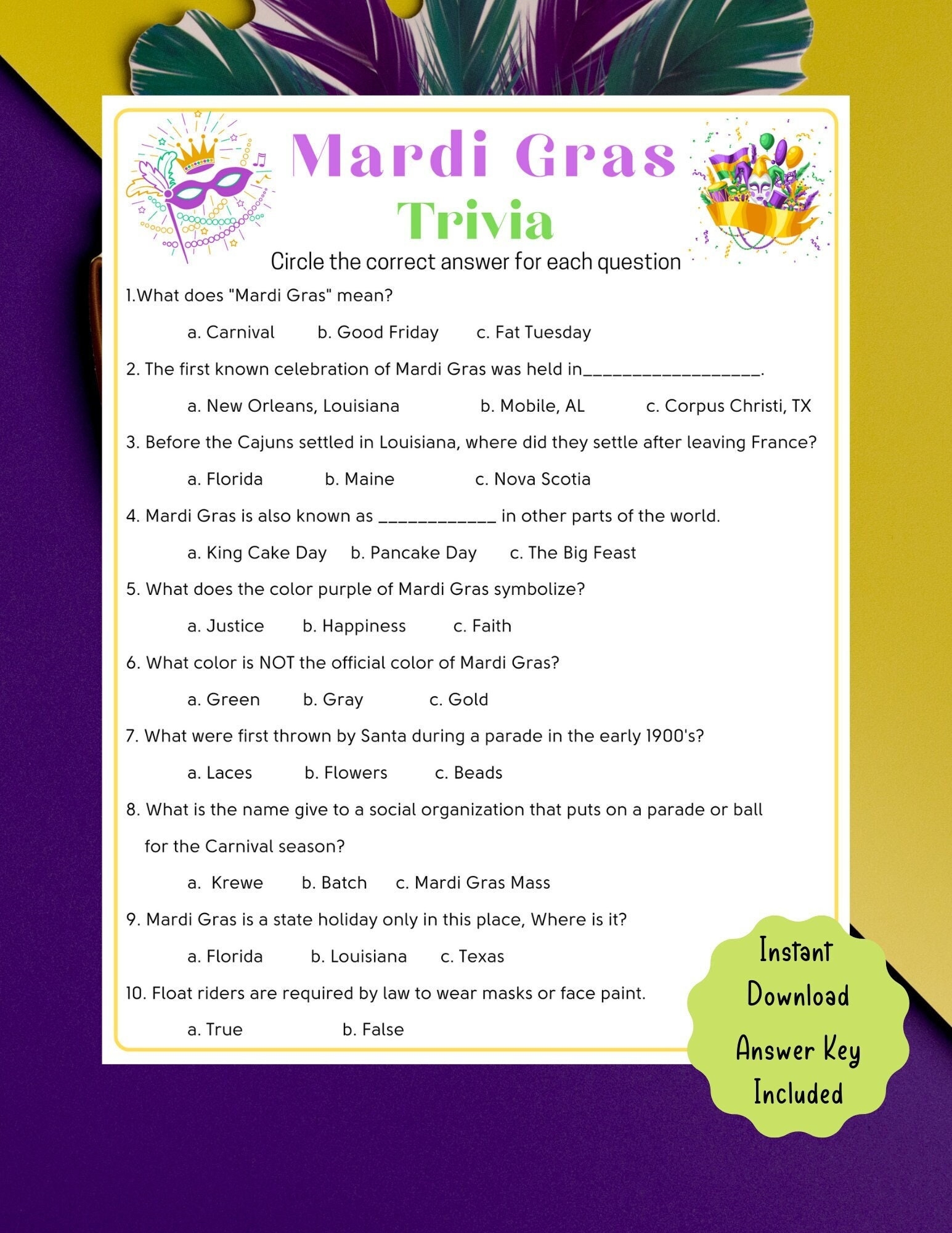 Free Printable Mardi Gras Trivia Questions And Answers