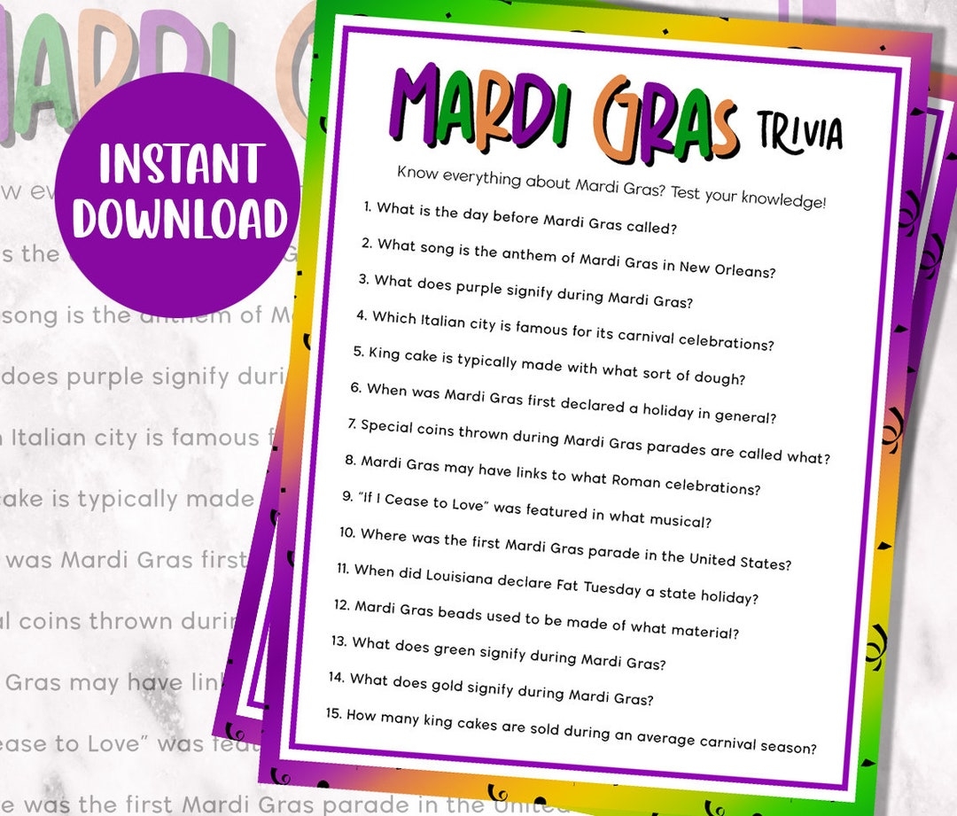 Mardi Gras Trivia Game Printable Trivia Fat Tuesday Party Games Party Game Mardi Gras Activity Kids Family Game Etsy