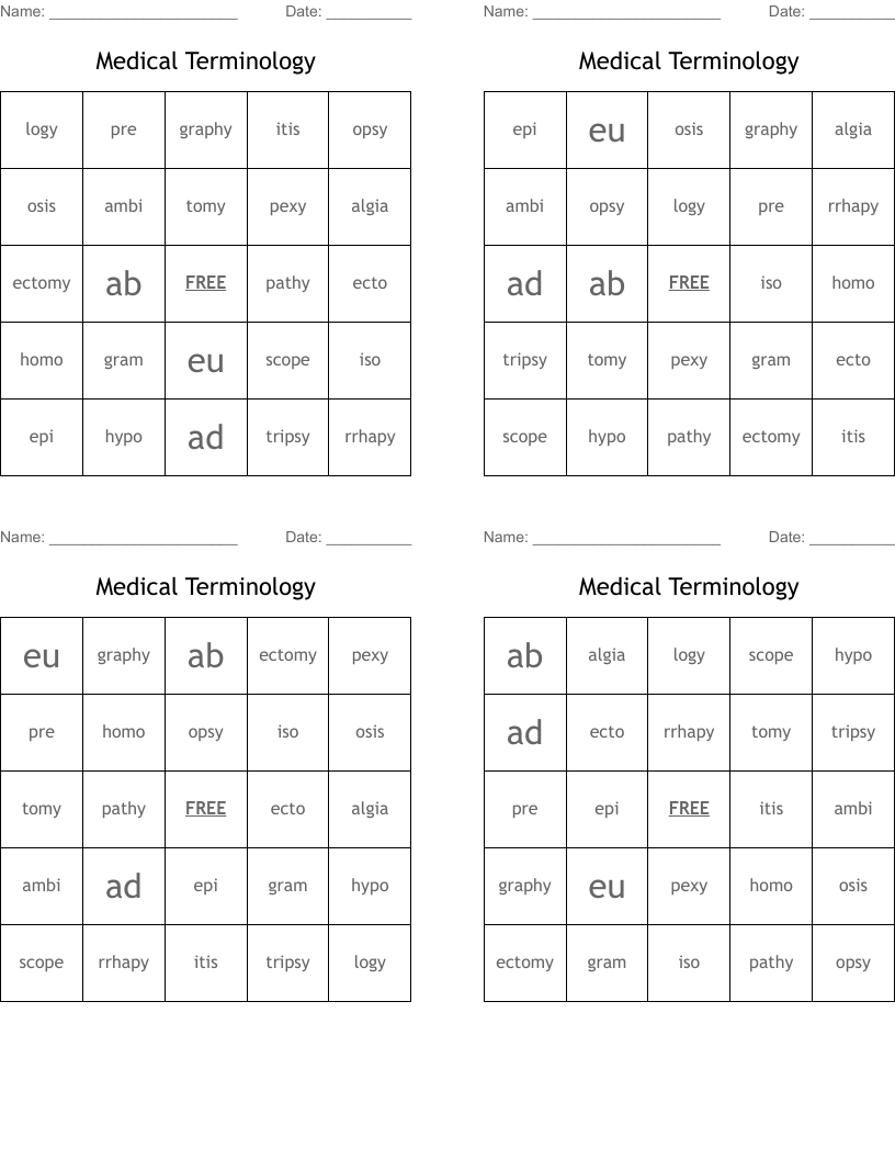 Medical Terminology Bingo Cards WordMint