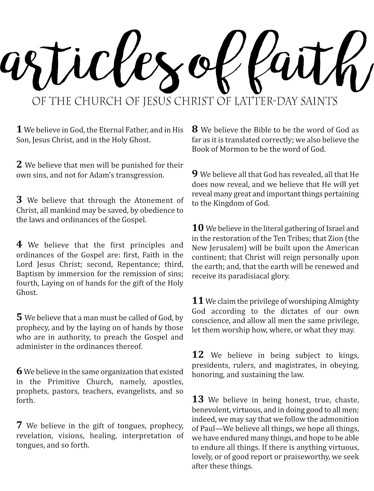 Mimiberry Creations FREE Articles Of Faith Large Printable