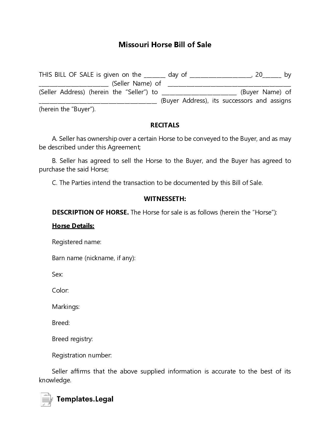 Missouri Bill Of Sale Templates Free Word PDF ODT 