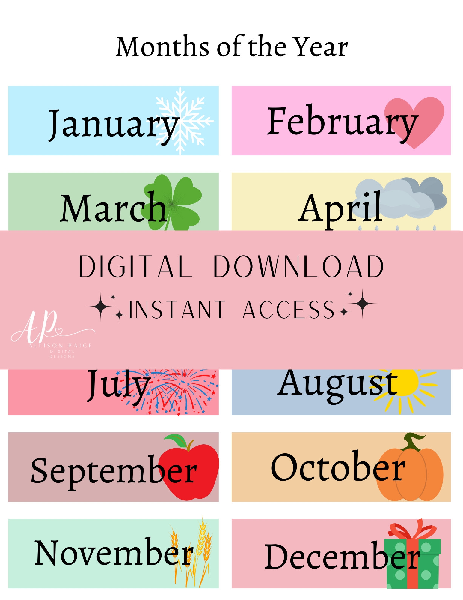 Months Of The Year Digital Download Printable Etsy UK