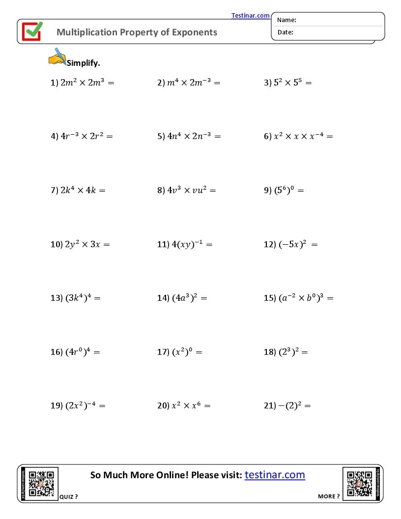 Multiplication Property Of Exponents Worksheets