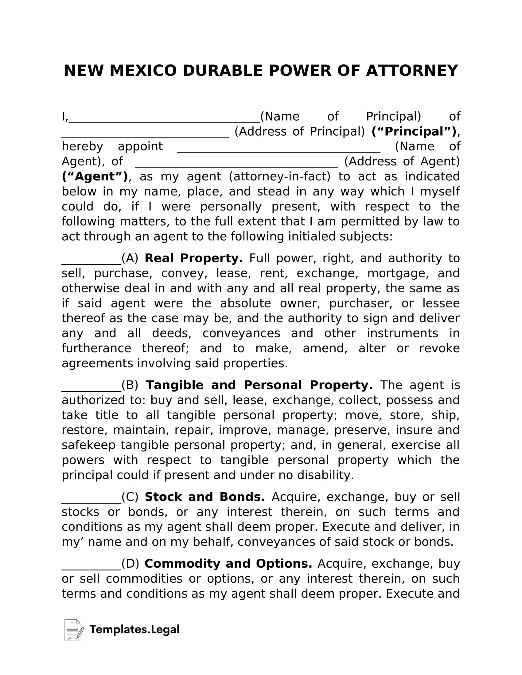Free Printable Power Of Attorney Form New Mexico