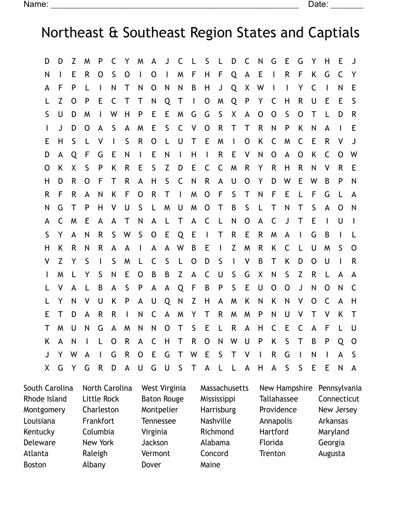 Northeast Southeast Region States And Captials Word Search WordMint